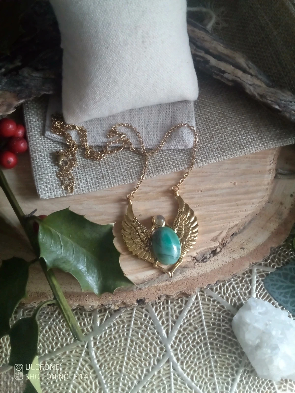 Collier scarabée+ pierres agate verte et labradorite – photo 2